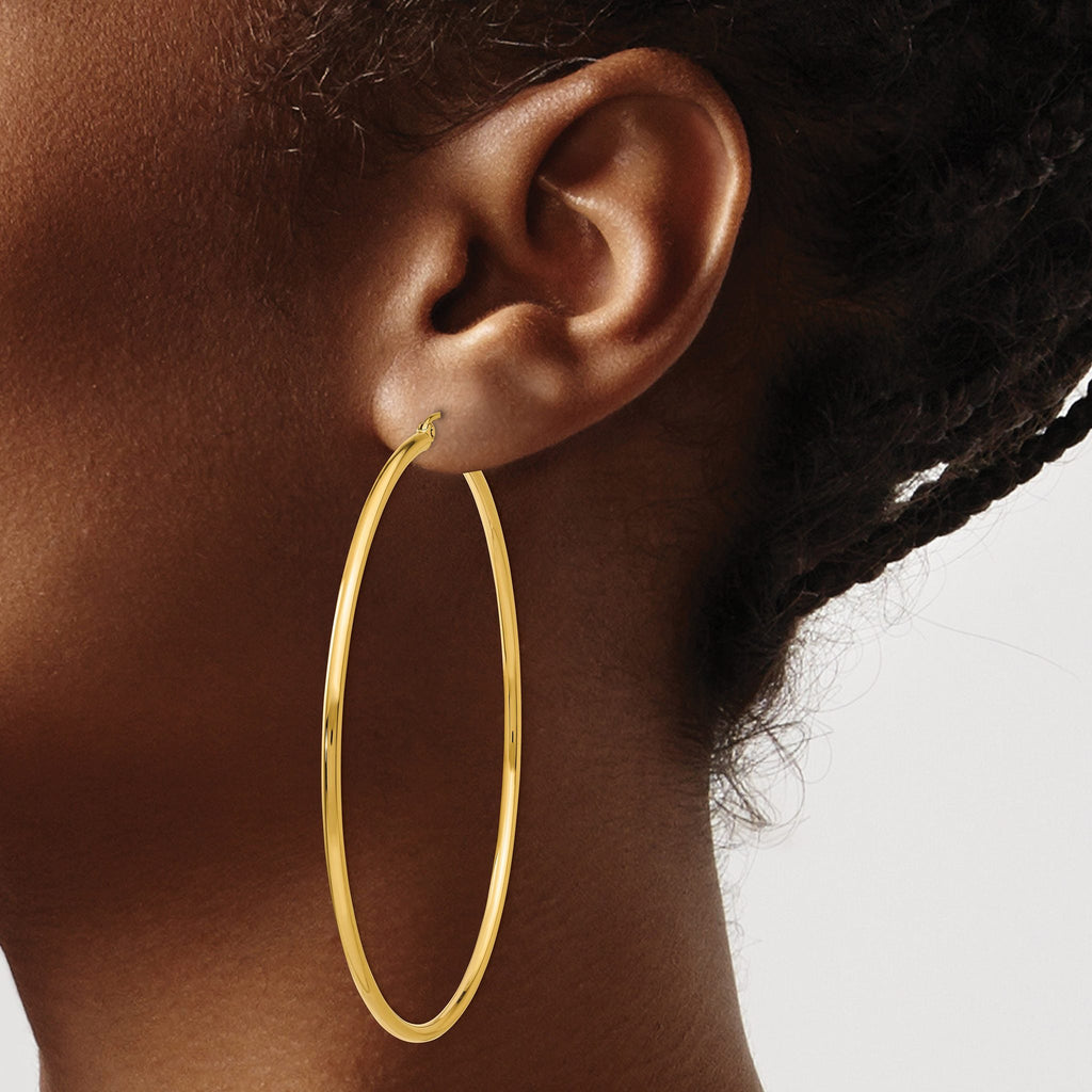 10K Gold Polished 2mm Hoop Earrings Elegant 60mm Design for Women