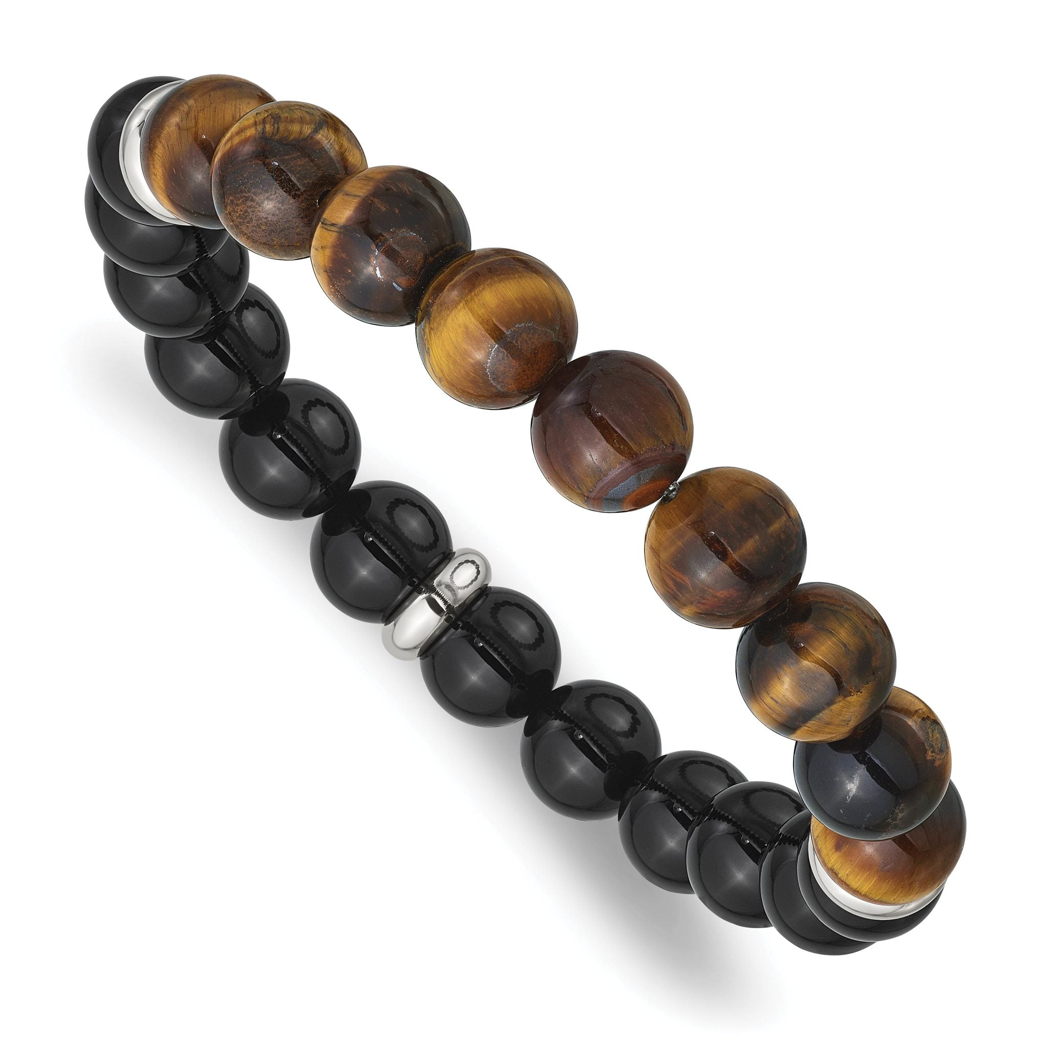 Stainless Steel Polished 10.5mm Black Agate and Tiger's Eye Beaded Stretch Bracelet for Men Main image