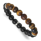Stainless Steel Polished 10.5mm Black Agate and Tiger's Eye Beaded Stretch Bracelet for Men