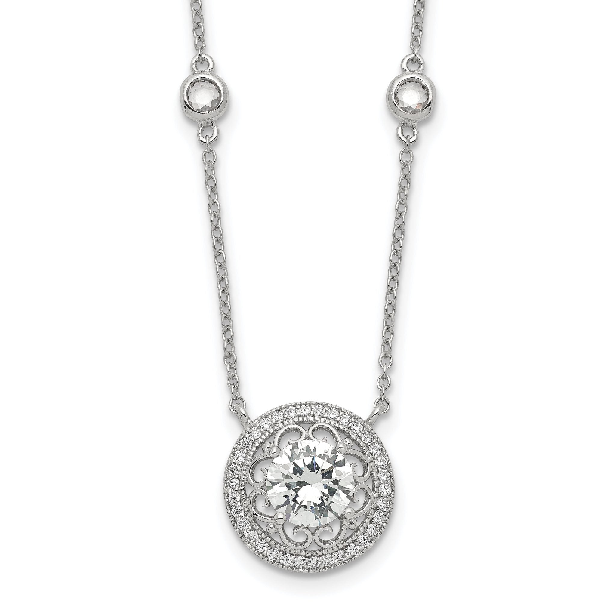 Sterling Silver RH-plated Round CZ Pendant With 2in. ext. 4-Station Necklace Main image