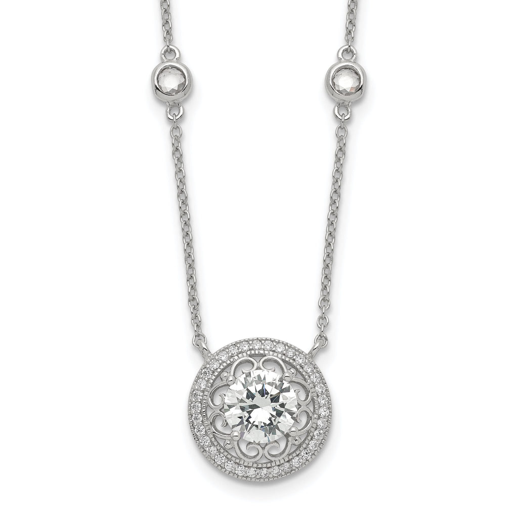 Sterling Silver RH-plated Round CZ Pendant With 2in. ext. 4-Station Necklace