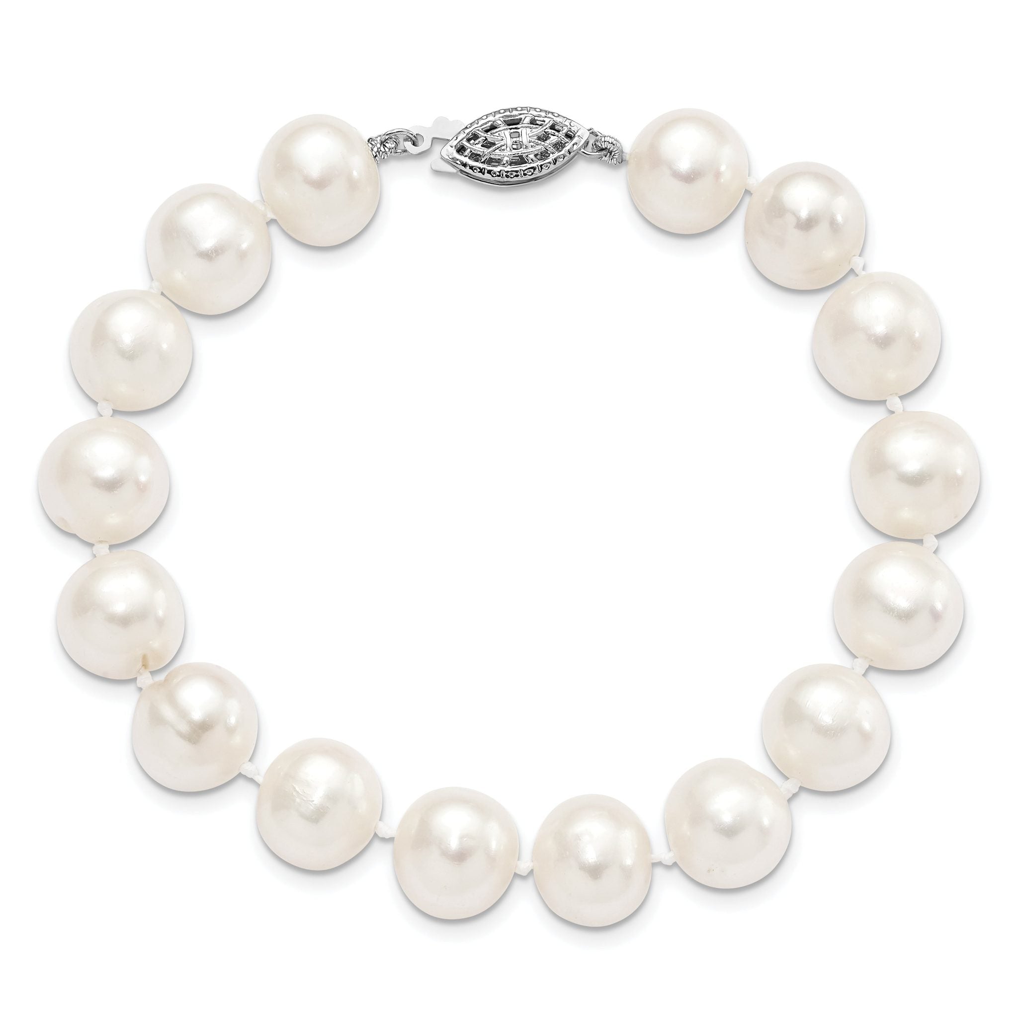 Sterling Silver Rhodium-plated 10-11mm White Near-Round Freshwater Cultured Pearl 7.25 inch Bracelet
