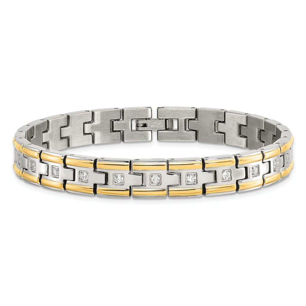 Stainless Steel Polished Yellow IP-plated with Cubic Zirconia Link Bracelet for Men