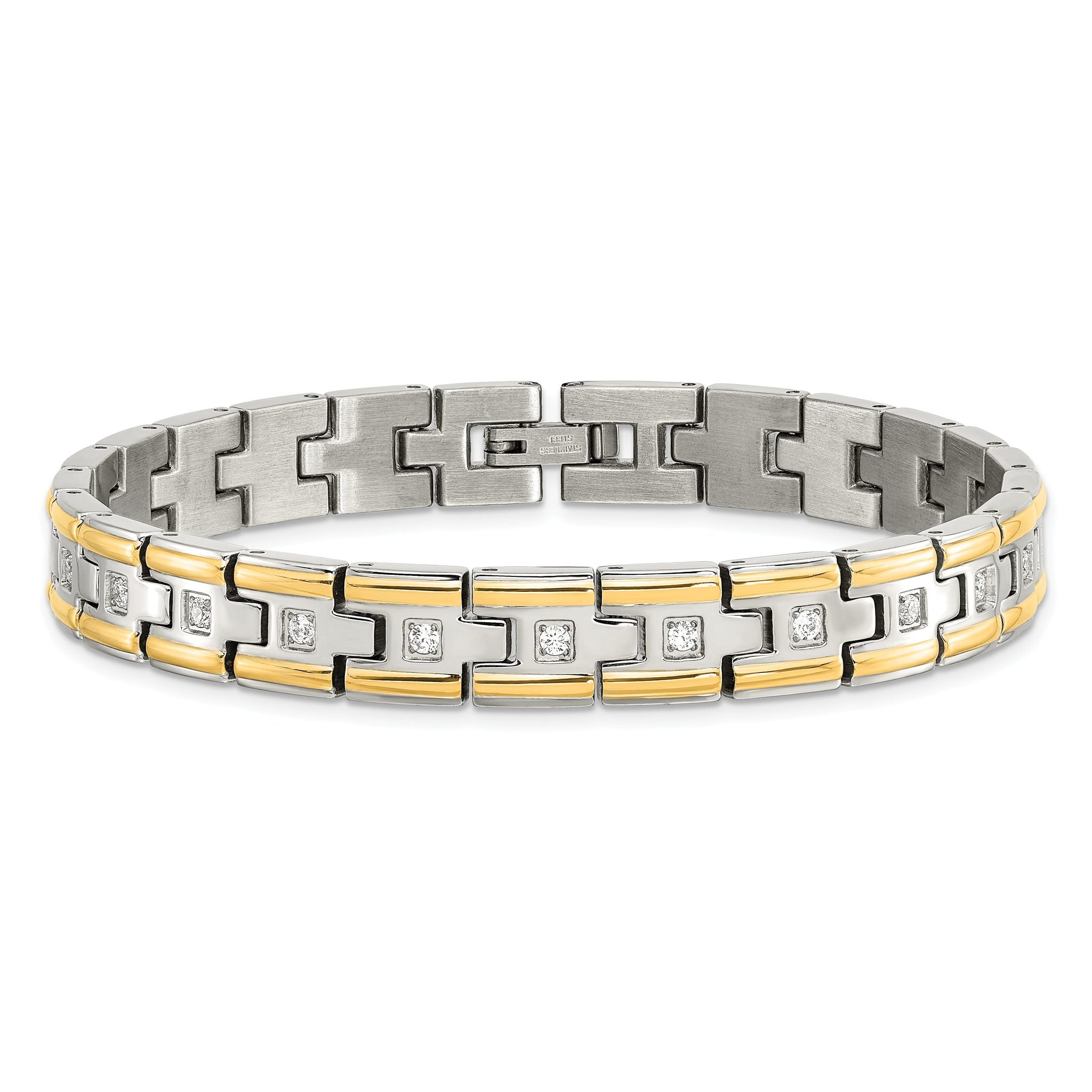 Stainless Steel Polished Yellow IP-plated with Cubic Zirconia Link Bracelet for Men