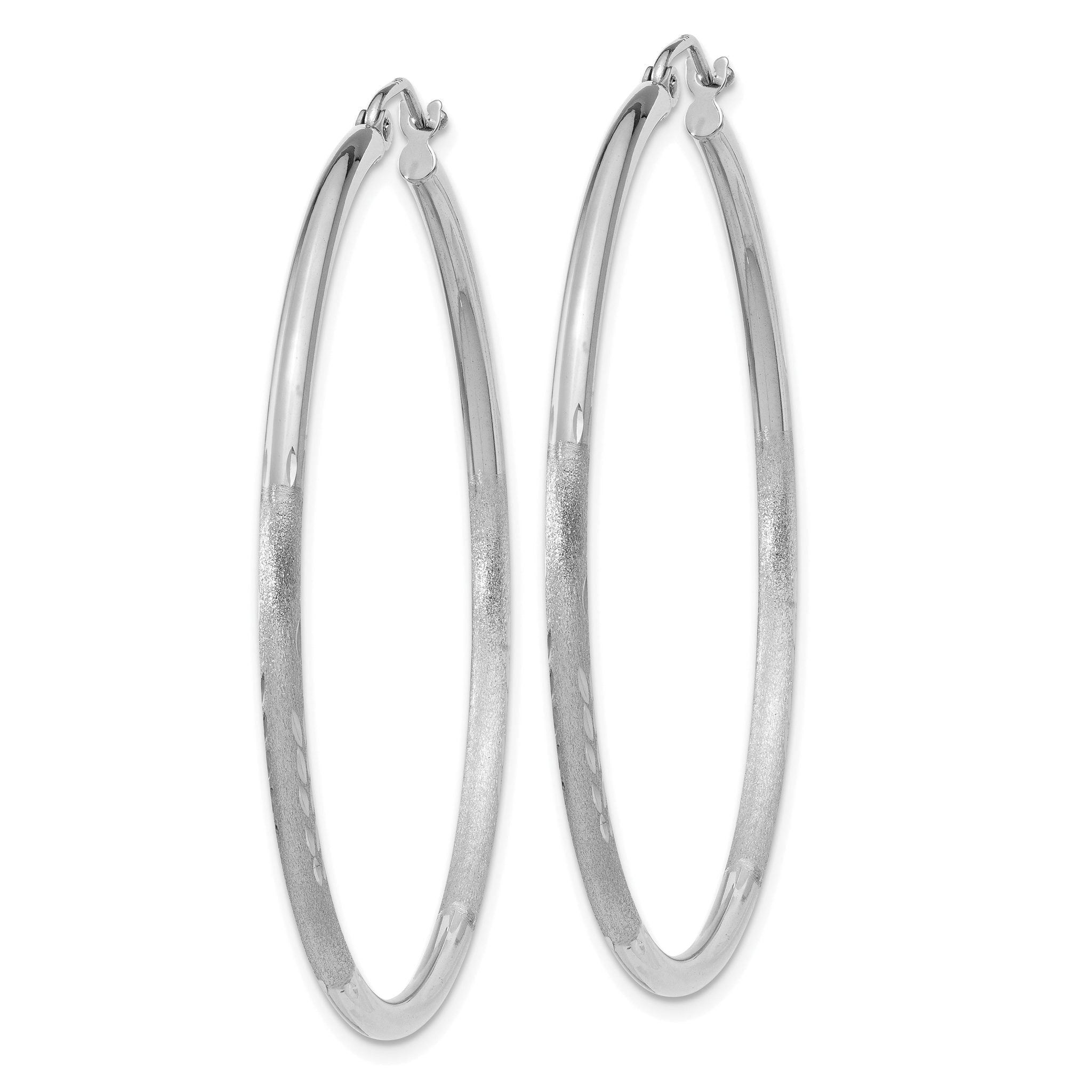 14k White Gold Satin and Diamond-cut 2mm Round Hoop Earrings Secondary image