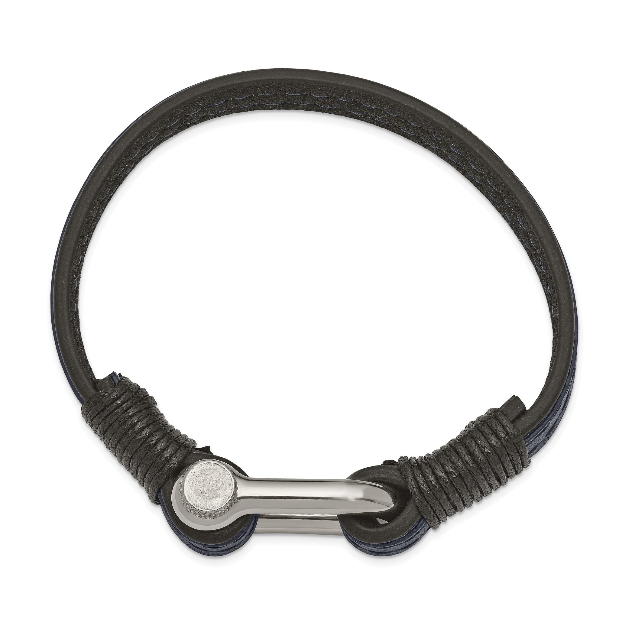 Stainless Steel Polished Shackle Black and Blue Leather Bracelet for Men Secondary image