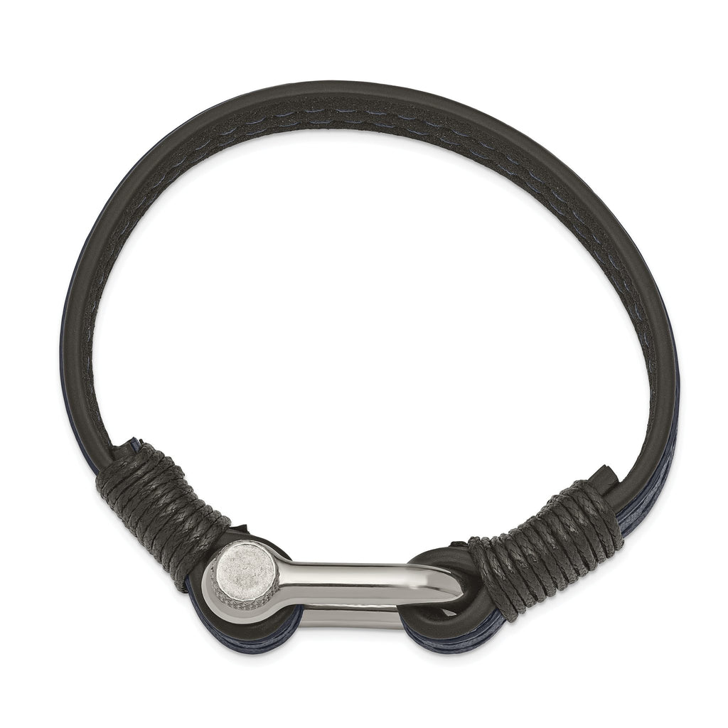 Stainless Steel Polished Shackle Black and Blue Leather Bracelet for Men
