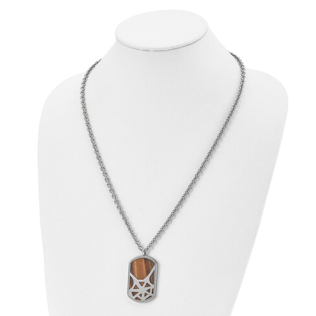 Tiger's Eye Spider Web Dog Tag Necklace in Stainless Steel