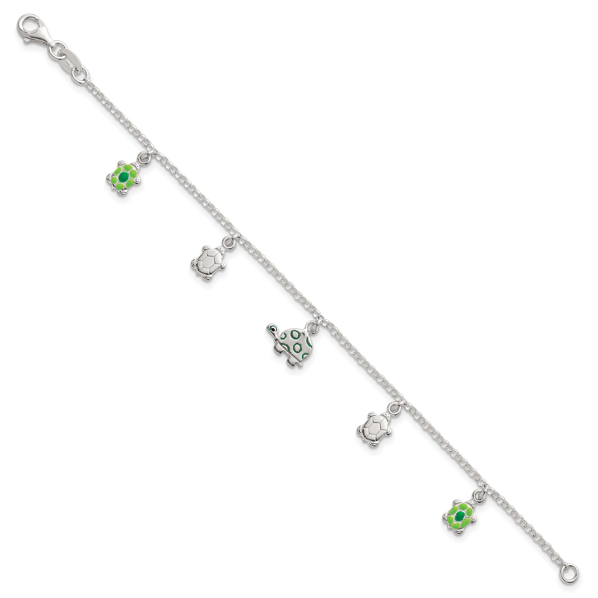 Sterling Silver Polished Green Enamel Turtles Childrens 6 inch Bracelet Secondary image