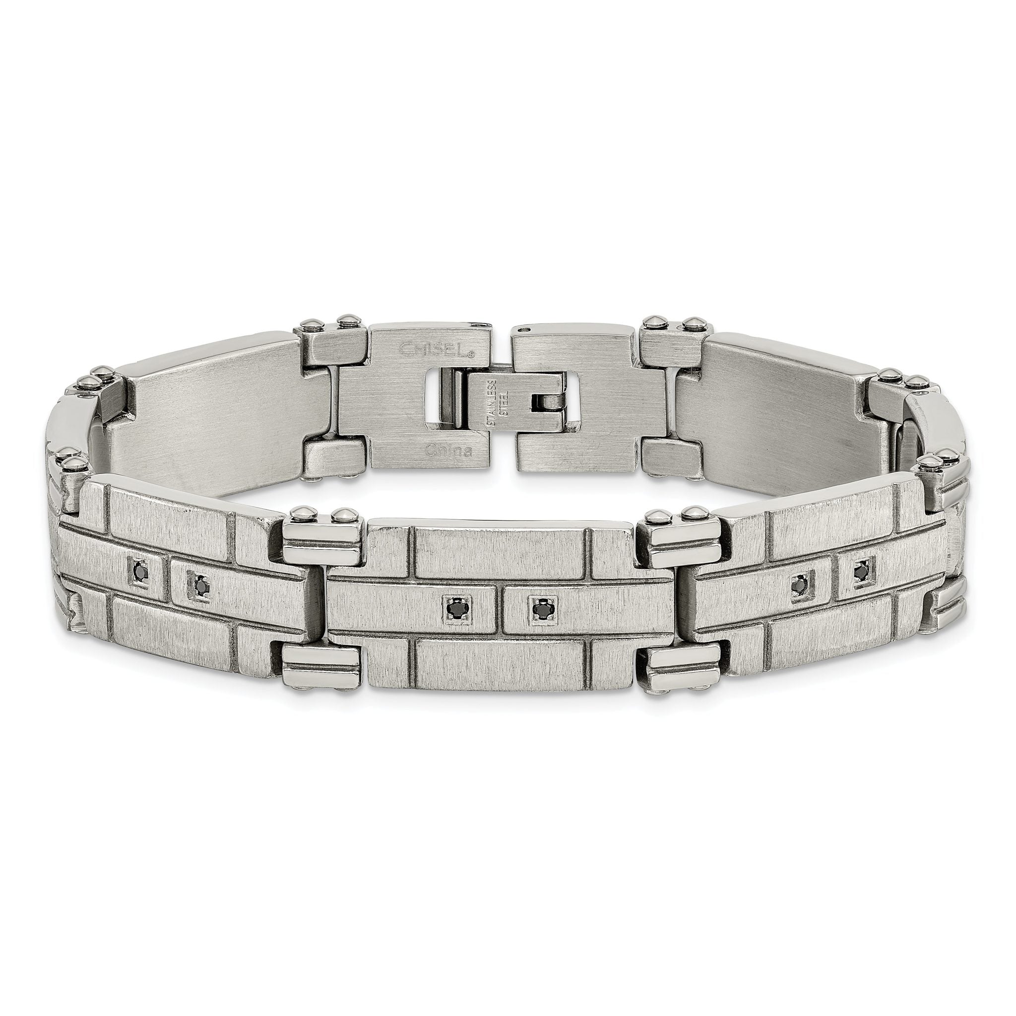 Stainless Steel Polished and Satin with Black Cubic Zirconia Bracelet for Men