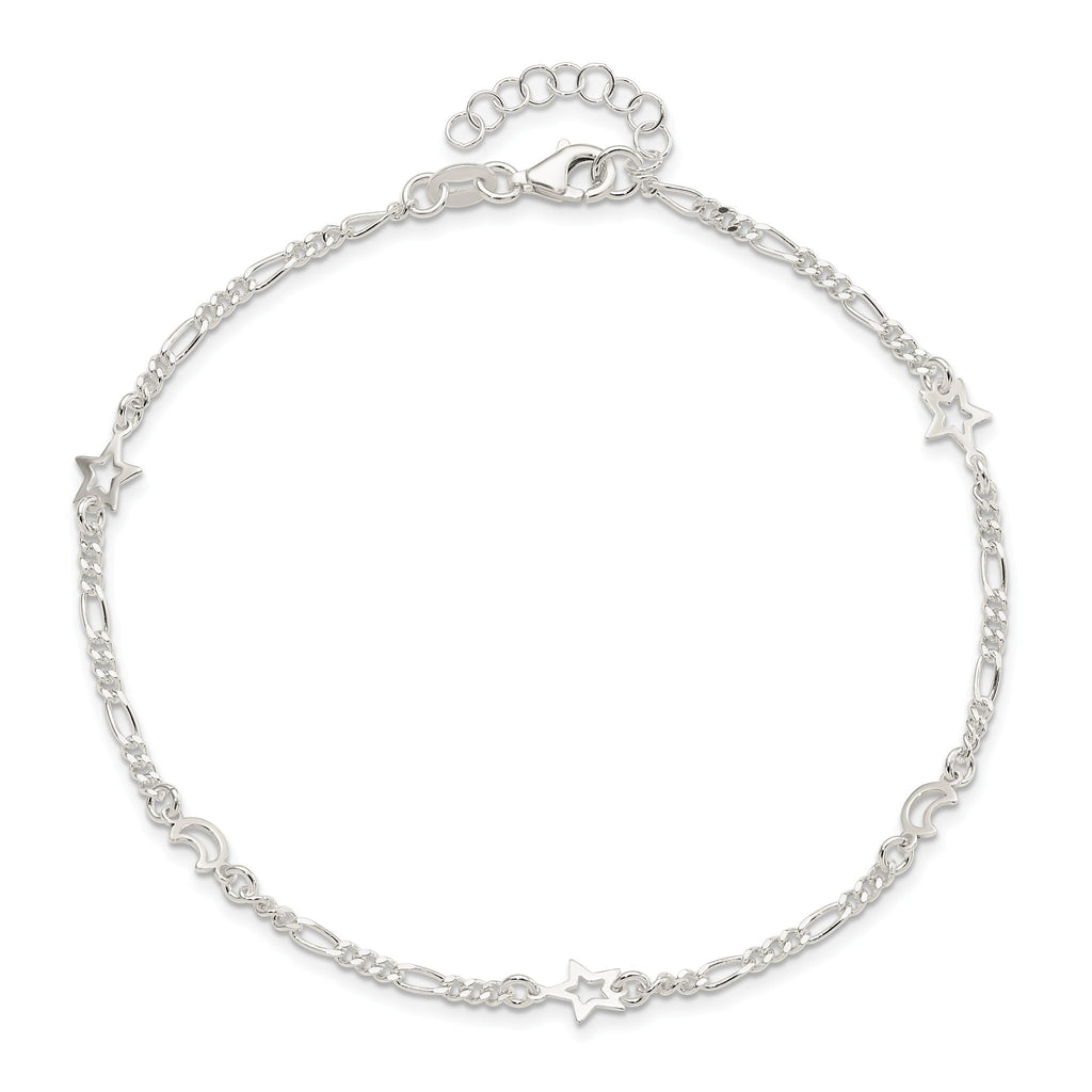 Sterling Silver Moon and Star 9 inch Plus 1 inch Extender - Total 10 inch Anklet