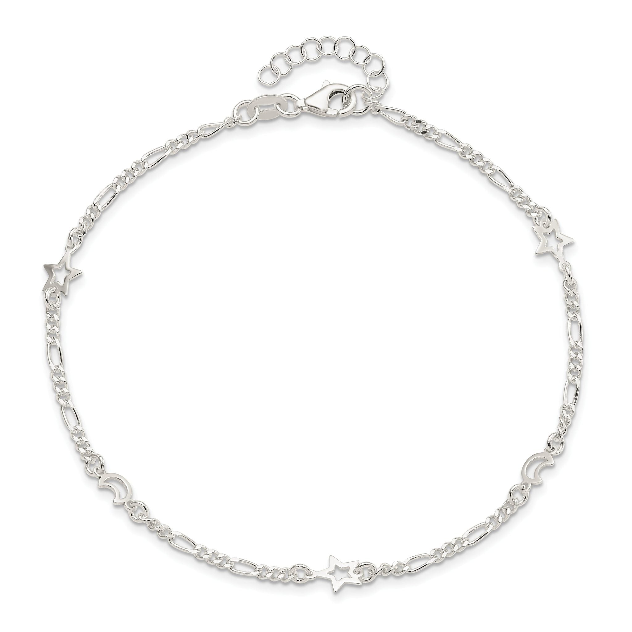Sterling Silver Moon and Star 9 inch Plus 1 inch Extender - Total 10 inch Anklet