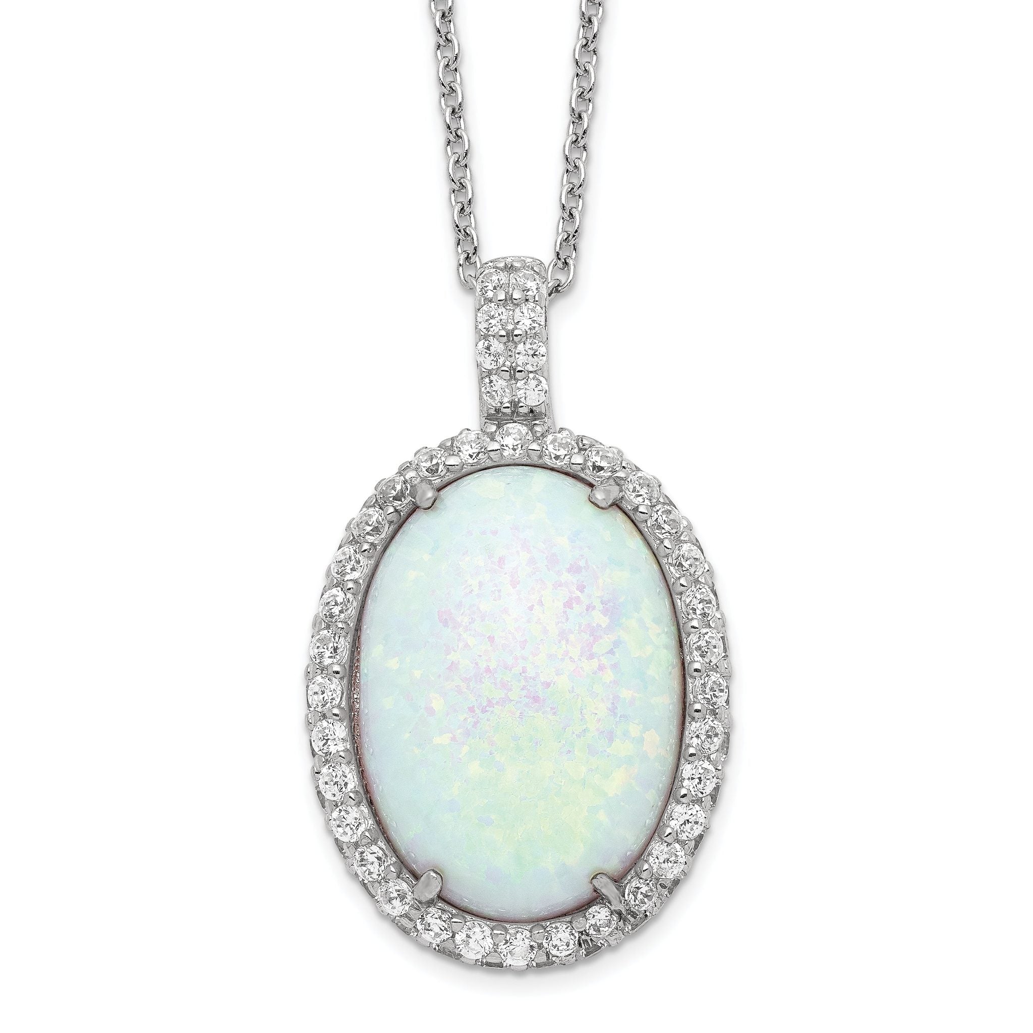 Cheryl M Sterling Silver Rhodium-plated Cabochon Lab Created Opal and Brilliant-cut CZ Oval Halo 18 Inch Necklace Main image