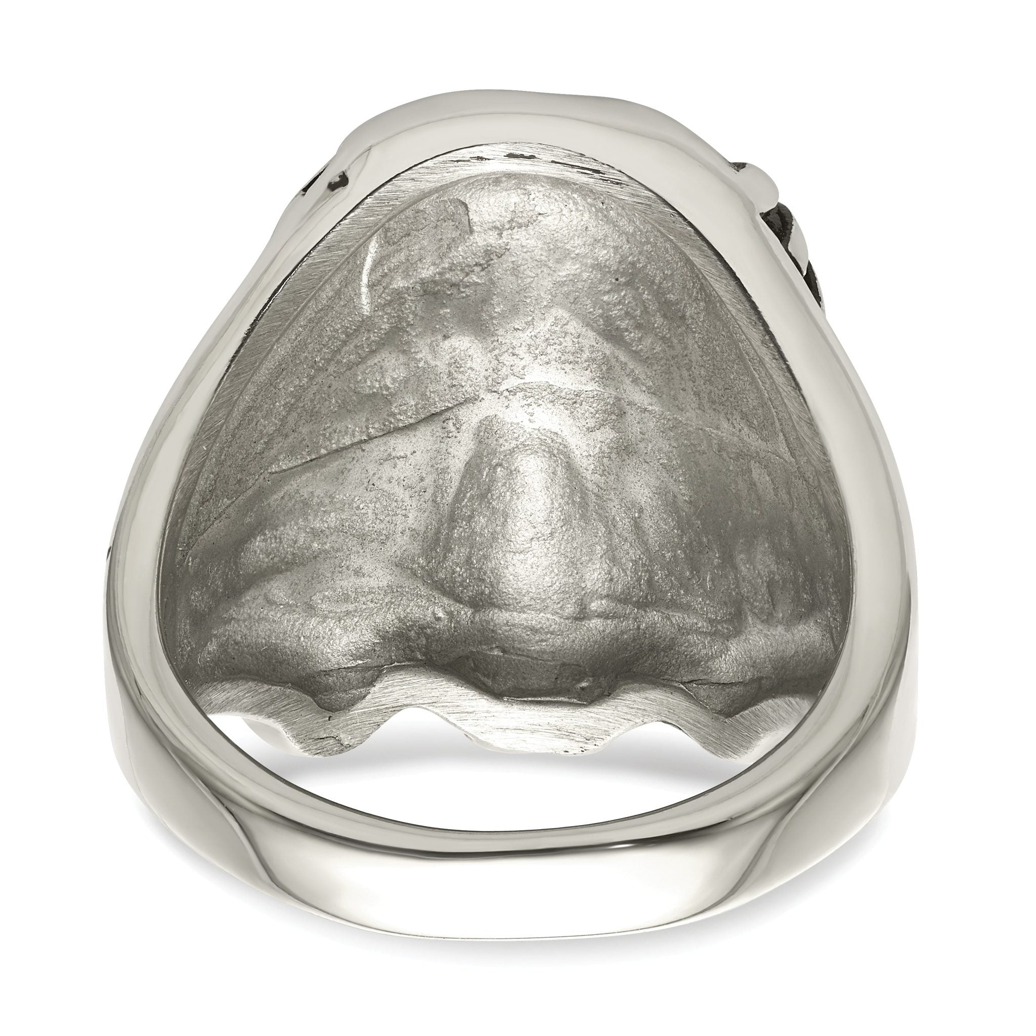Chisel Stainless Steel Antiqued and Polished with Black and White Crystal Jesus Ring