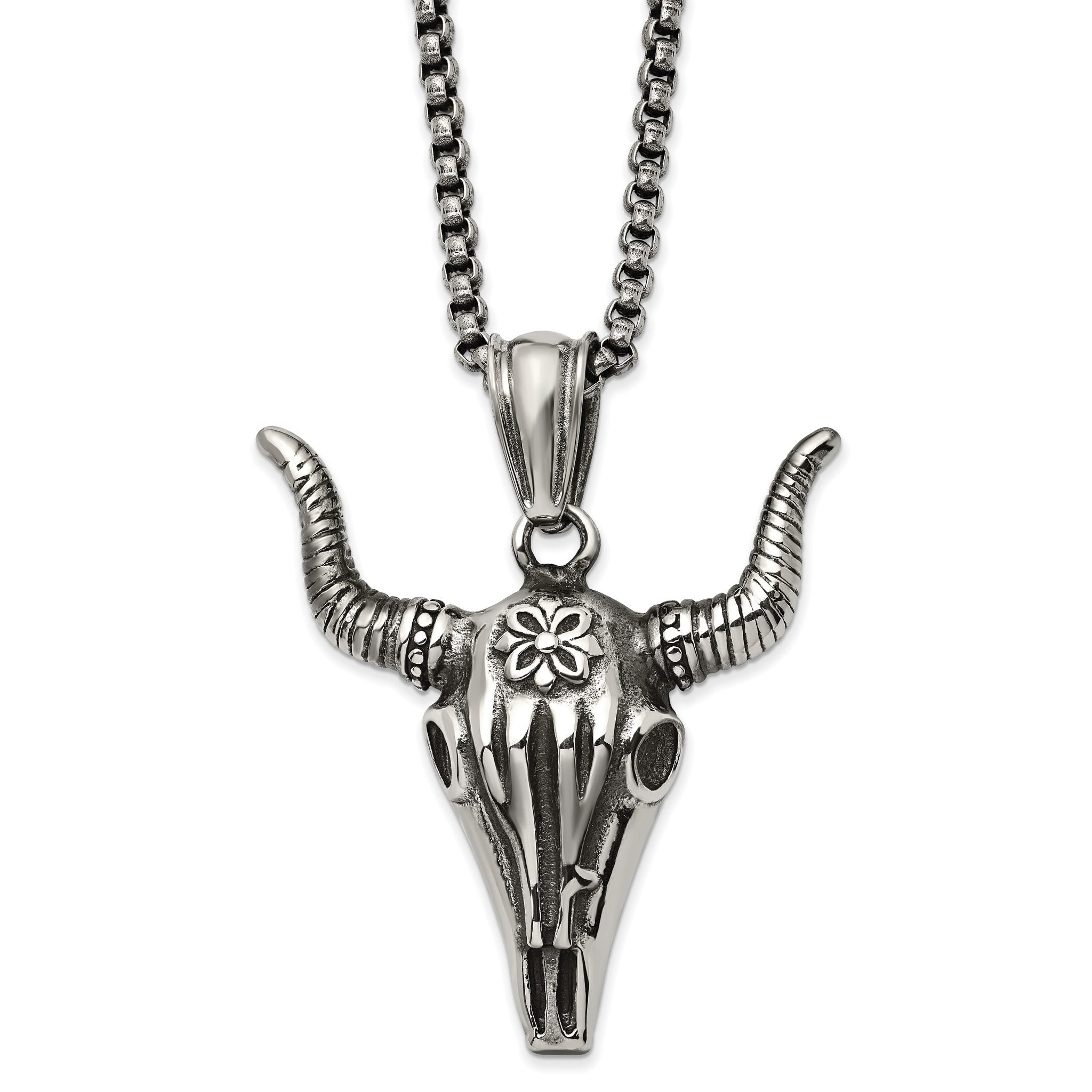 Chisel Stainless Steel Antiqued and Polished Bull Skull Pendant on a 24 inch Box Chain Necklace Main image
