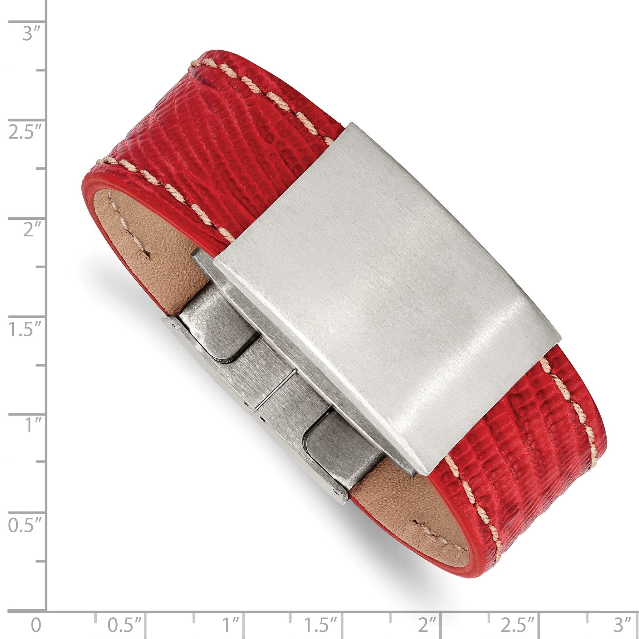 Stainless Steel Brushed Red Leather ID Bracelet