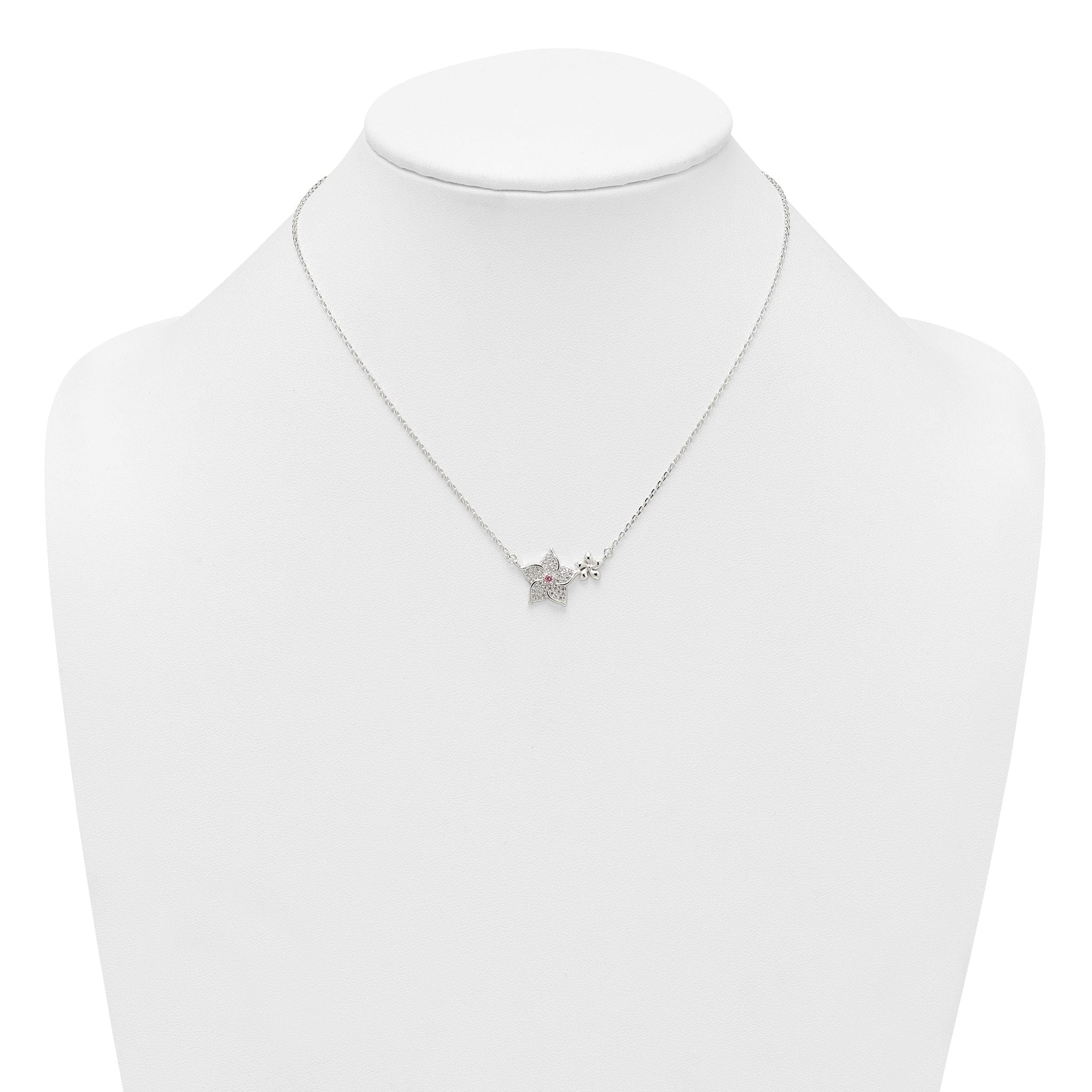 Sterling Silver Polished Pink and White CZ Flowers 16 inch with 2 inch Extension Necklace