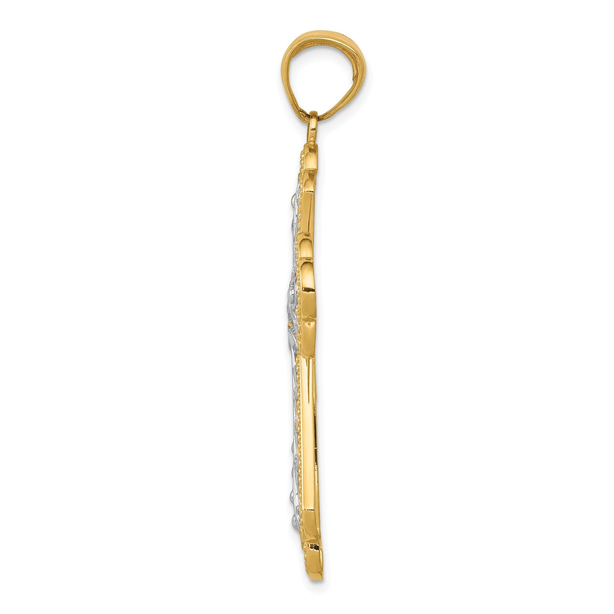 14K Gold with Rhodium Filigree Cross Pendant, Diamond-Cut, Elegant Design Secondary image