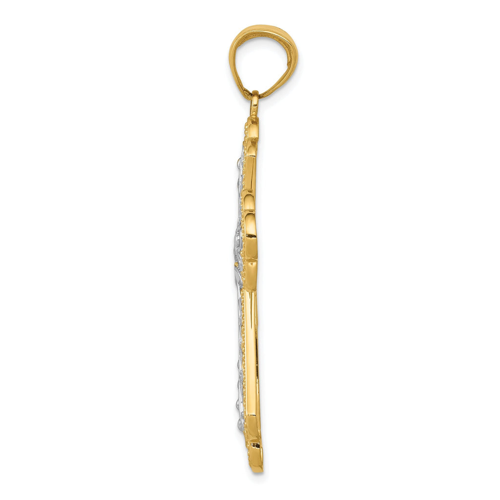 14K Gold with Rhodium Filigree Cross Pendant, Diamond-Cut, Elegant Design