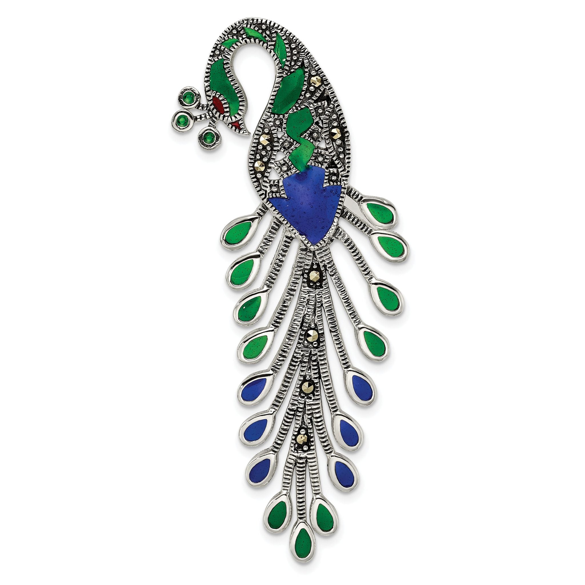 Sterling Silver Antiqued Green/Red/Blue Epoxy Marcasite Peacock Slide Main image