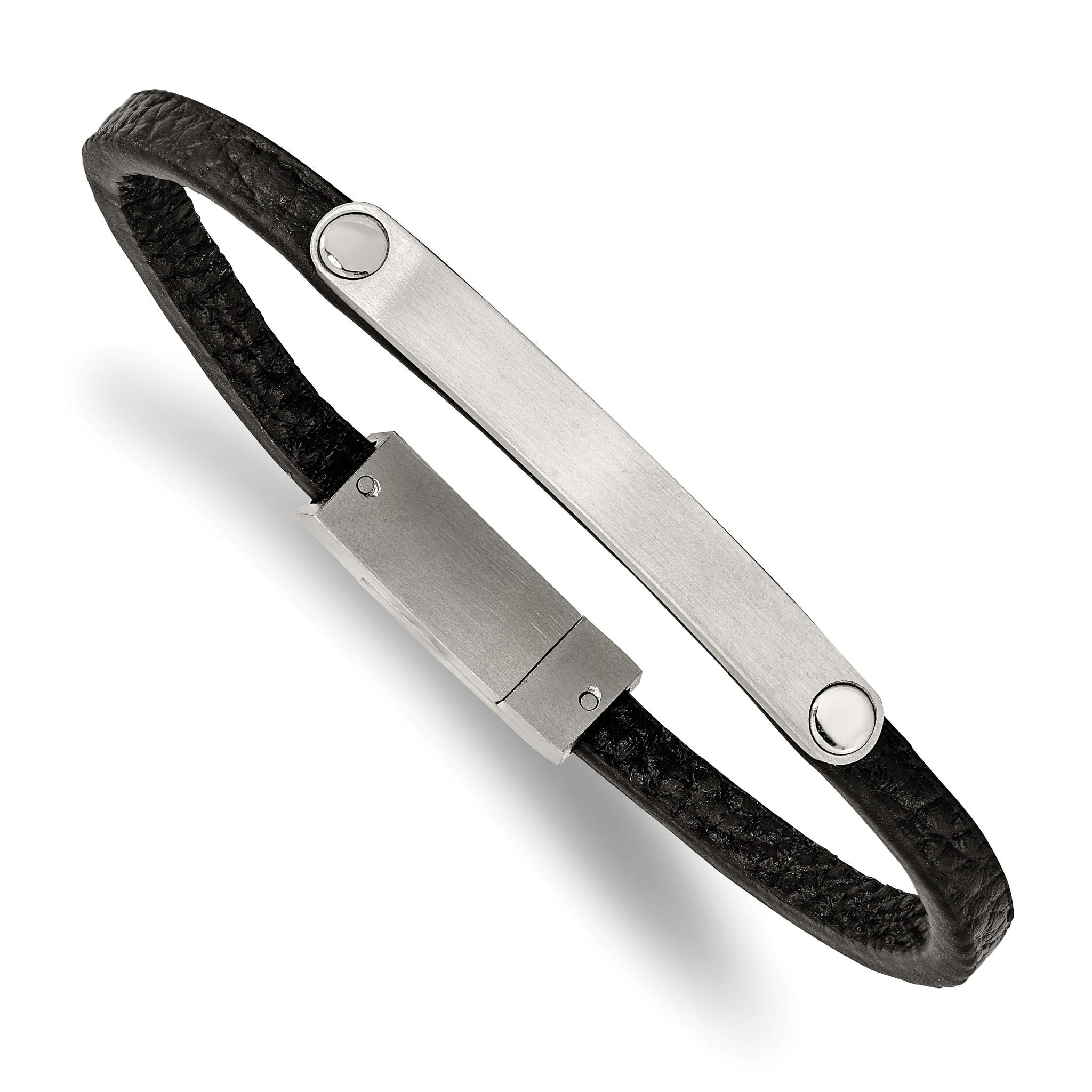 Stainless Steel Brushed Black Leather ID Bracelet for Men