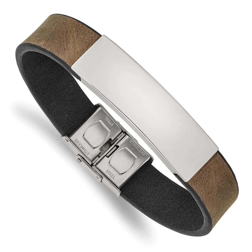 Stainless Steel Polished Black and Brown Leather ID Bracelet for Men