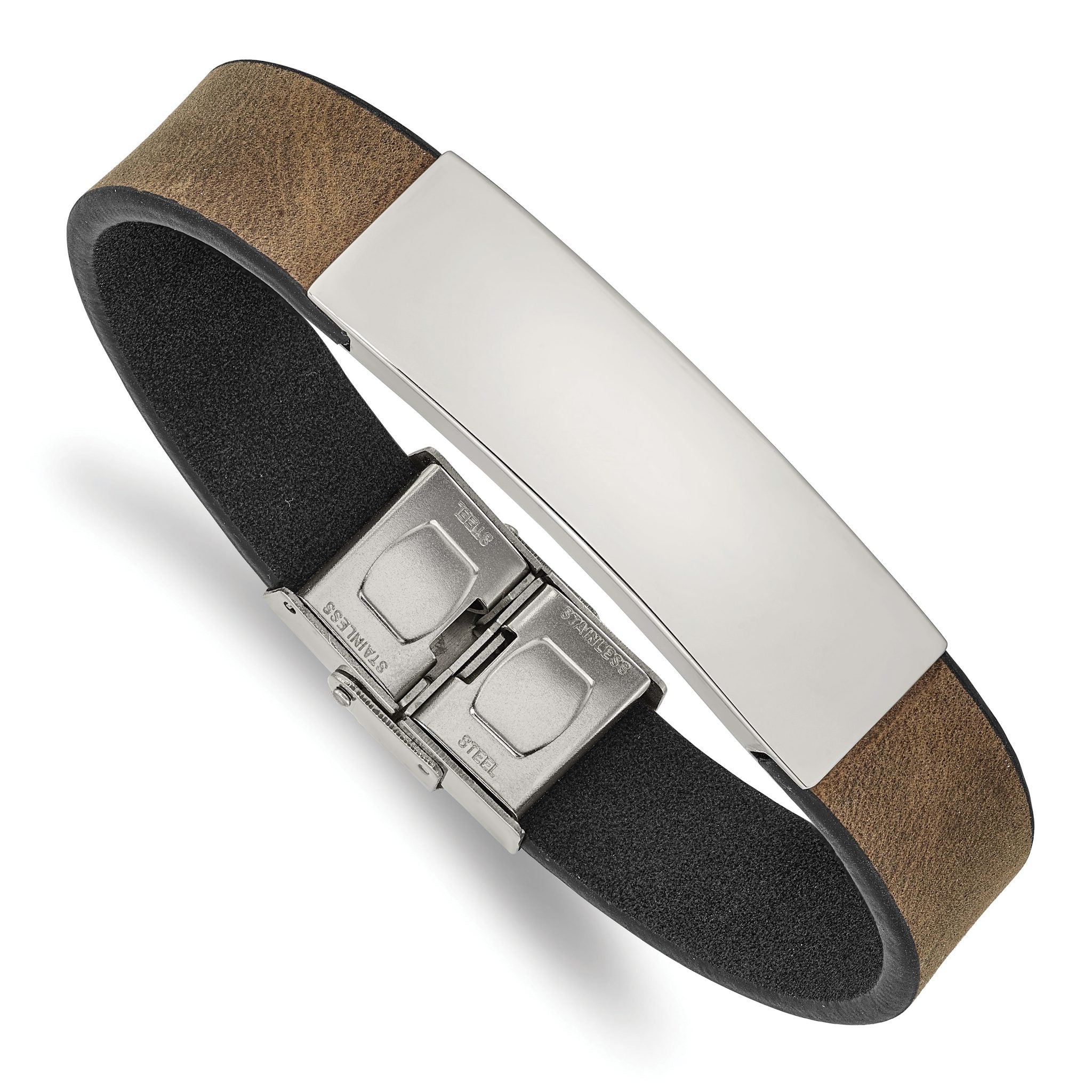 Stainless Steel Polished Black and Brown Leather ID Bracelet for Men