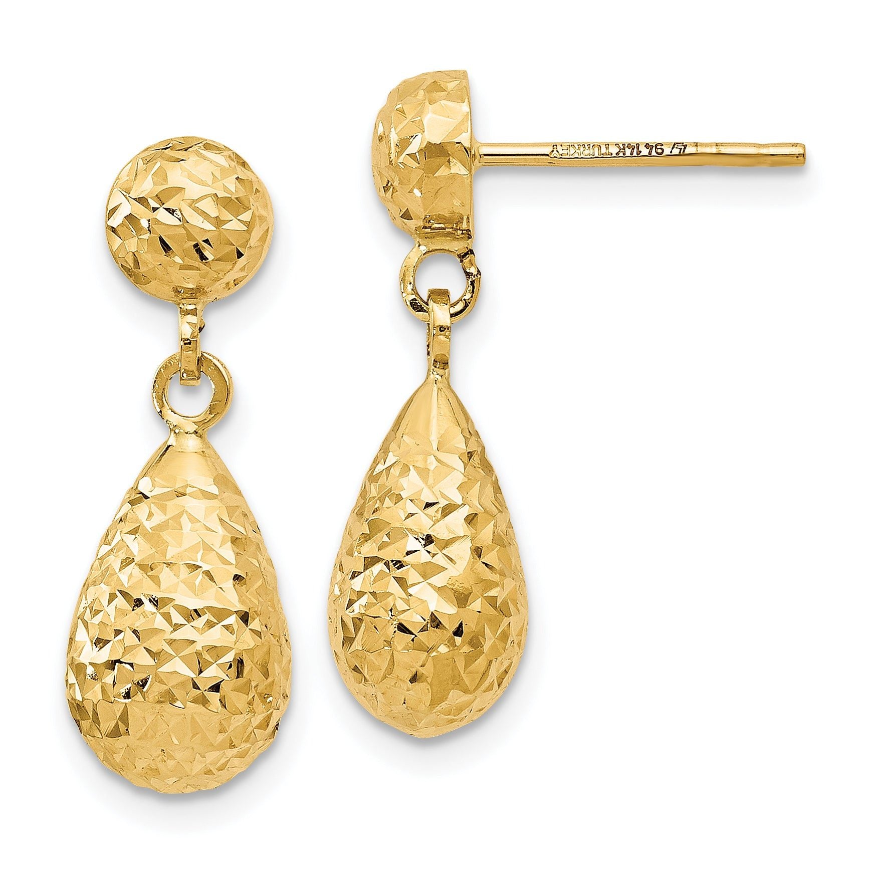14K Gold Diamond-Cut Dangle Earrings with Polished Finish and Lifetime Warranty