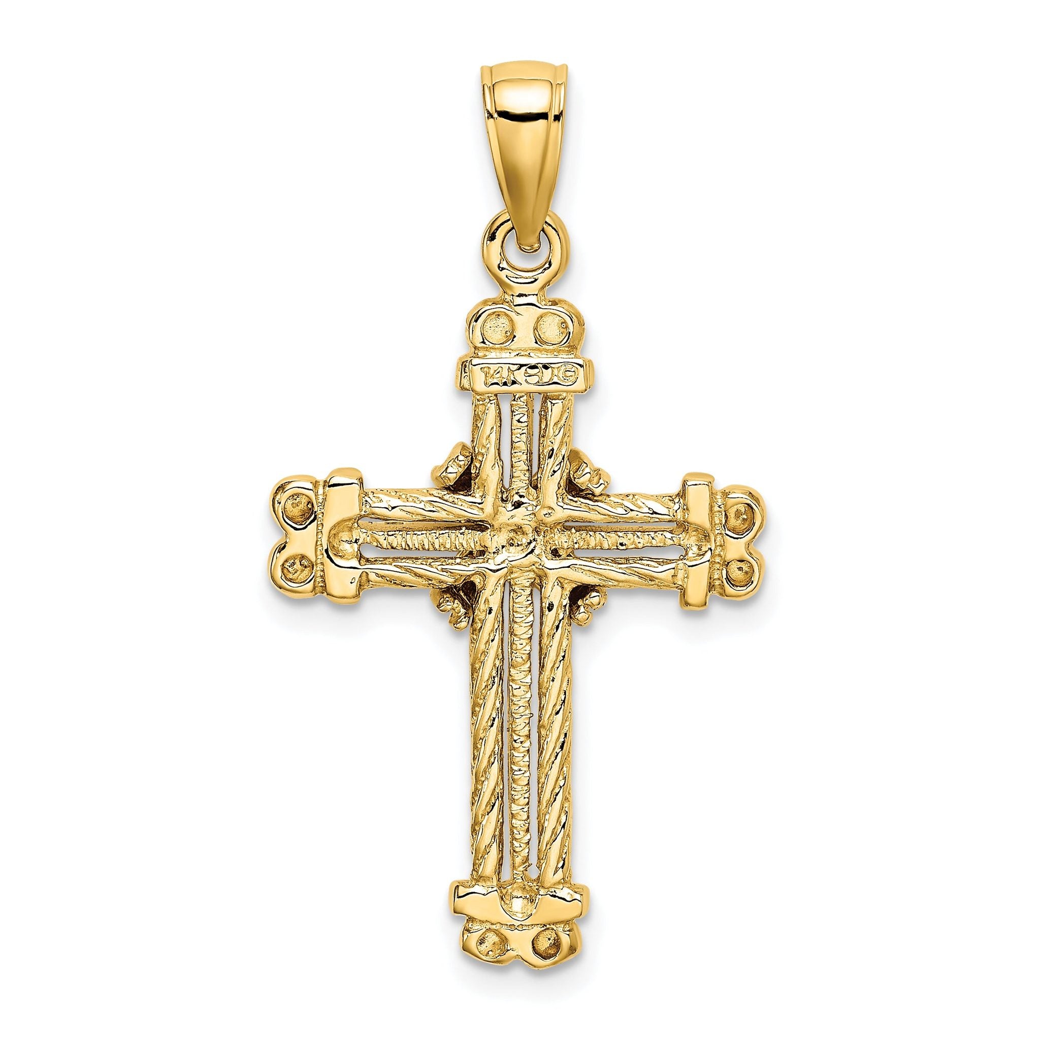 14K Gold Polished Textured Cross Pendant Elegant & Solid Design