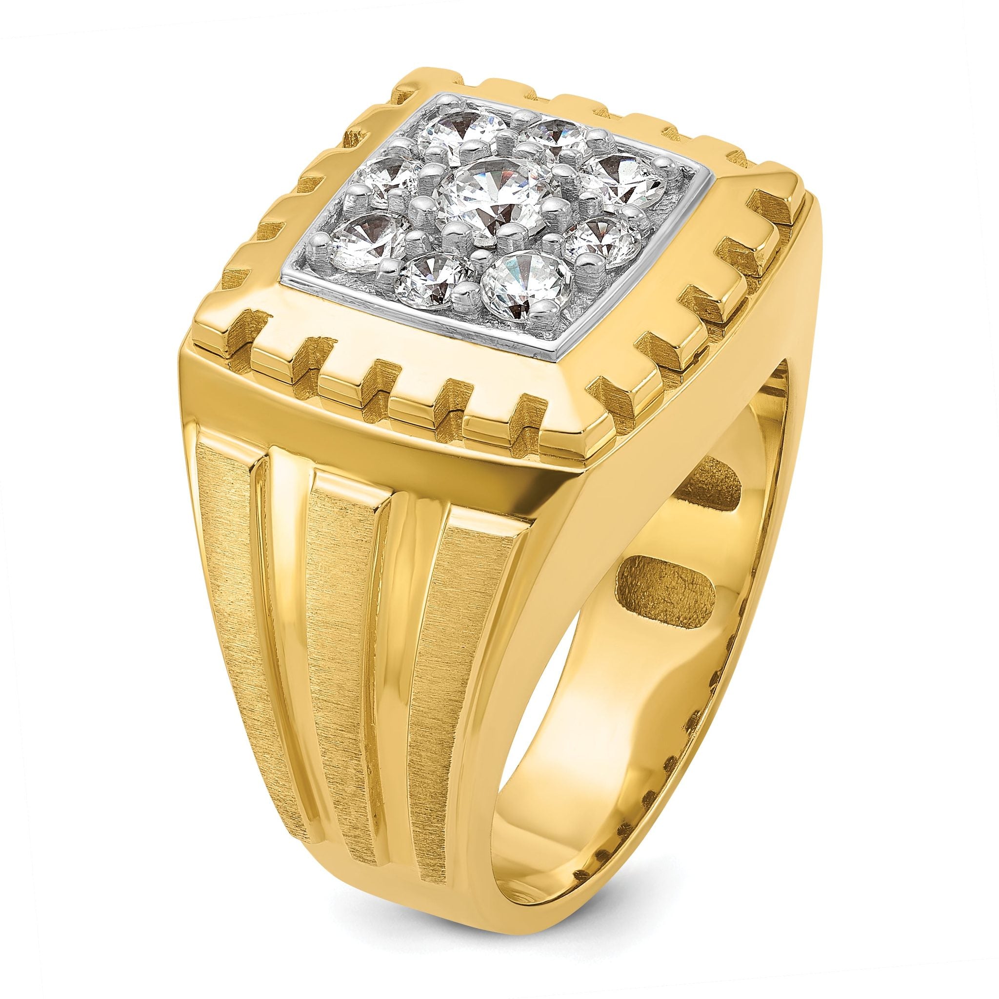 14k Two-tone Men's Polished Satin and Grooved Cluster Ring Mounting, Mounting Only