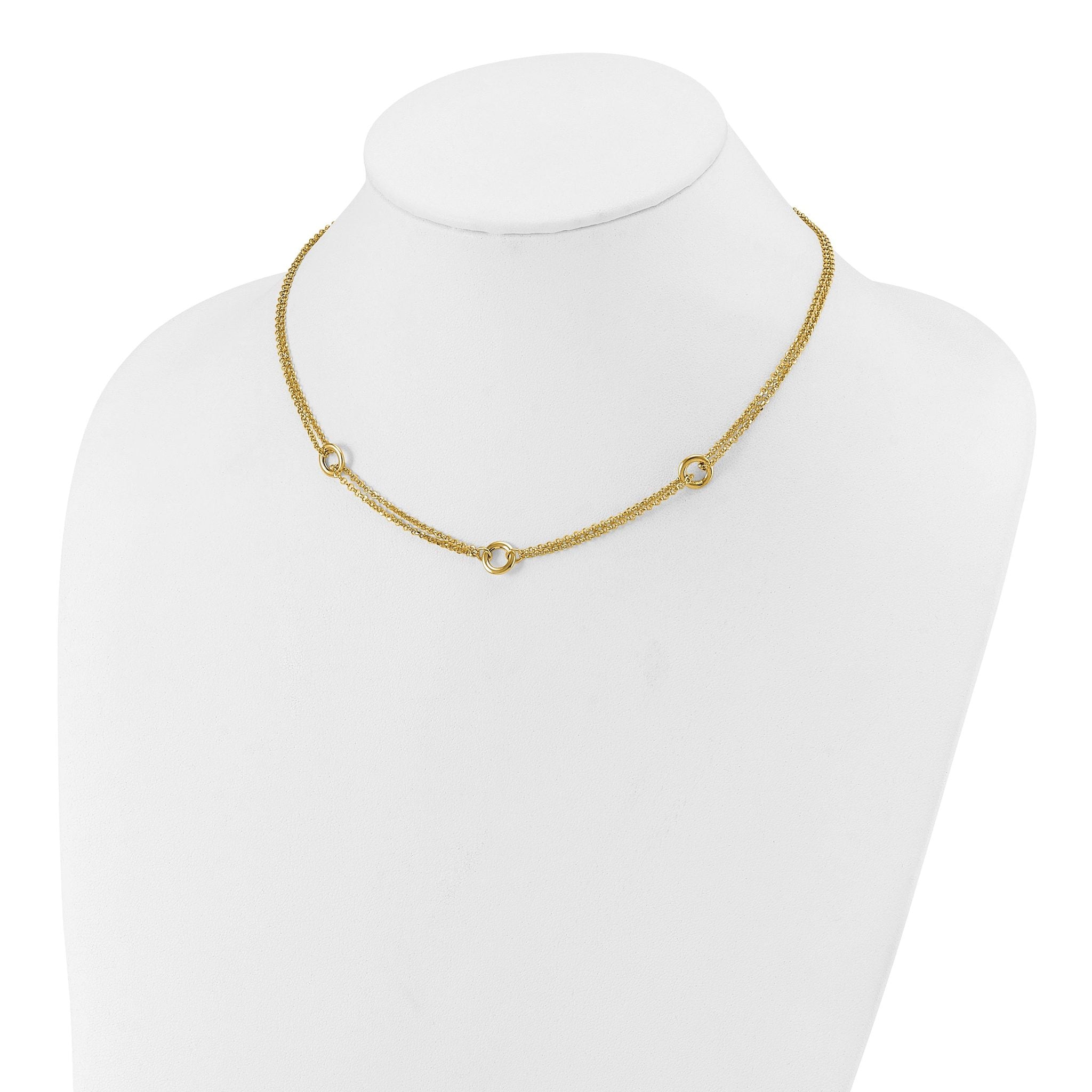 14K Polished/Dia-cut 2-Strand Circle Link w/2in ext. Necklace