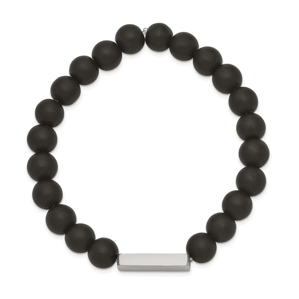 Stainless Steel Brushed ID Plate 8mm Black Agate Beaded Stretch Bracelet
