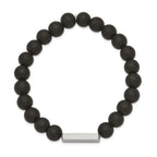 Stainless Steel Brushed ID Plate 8mm Black Agate Beaded Stretch Bracelet