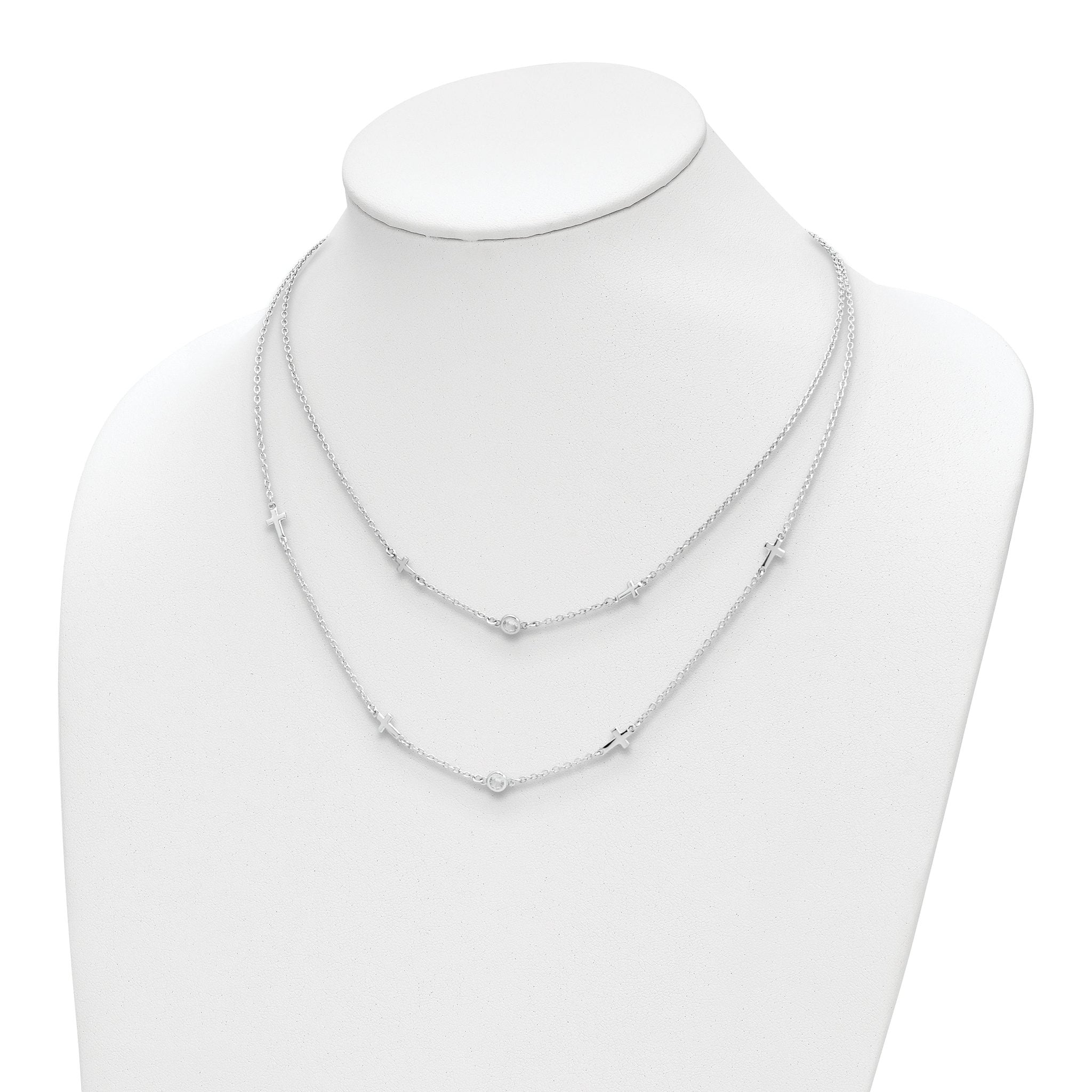Sterling Silver Rhod-pl CZ Cross Multi-strand w/ 2in ext. Necklace