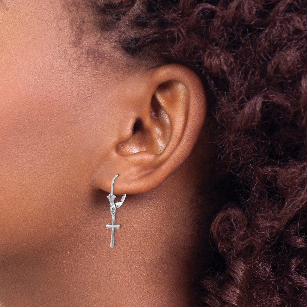 14k White Gold Polished Cross Leverback Earrings