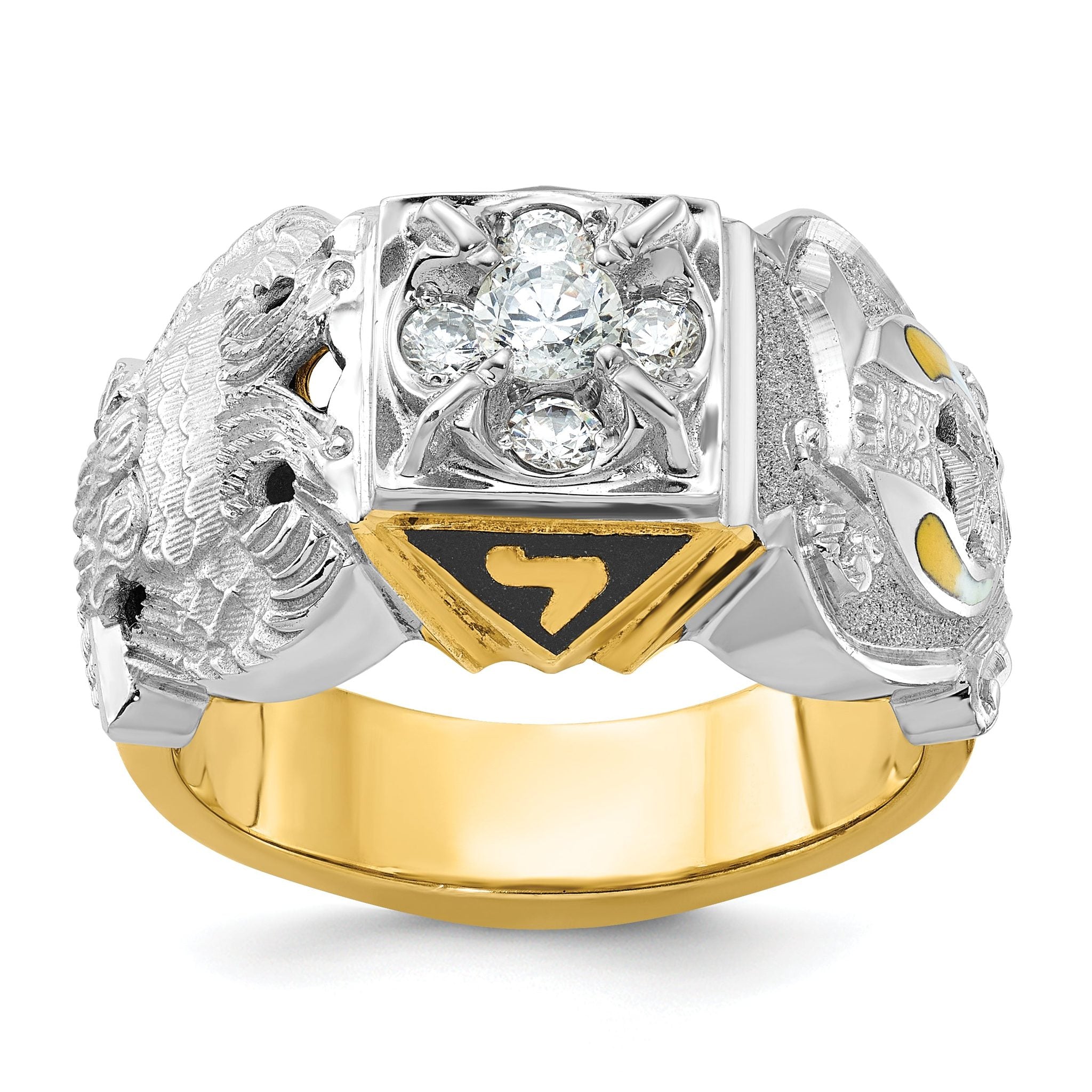 10k Two-tone Men's Polished and Textured with Multi-color Enamel and Diamond Double Eagle Masonic Shriner's Ring Main image