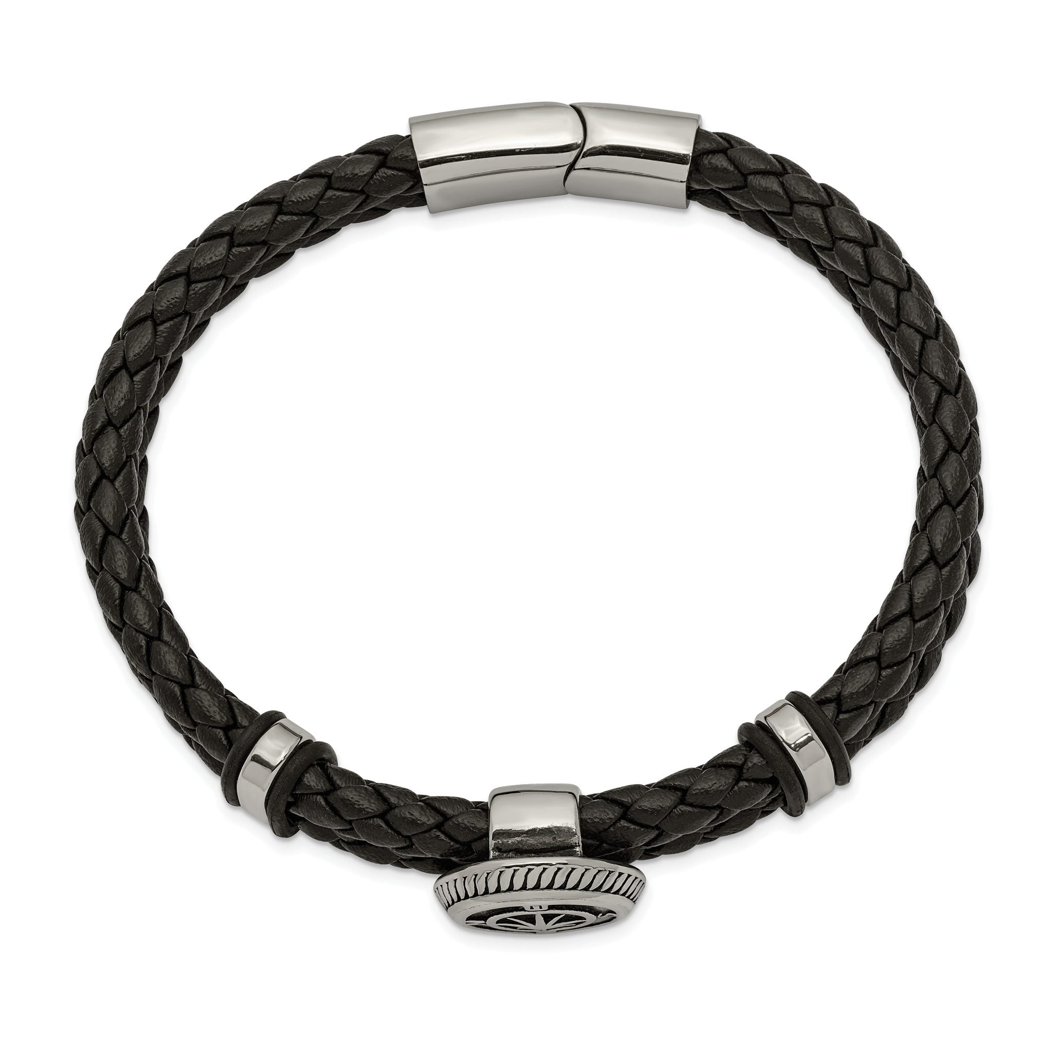 Stainless Steel Antiqued and Polished Compass Braided Black Leather Bracelet for Men Secondary image