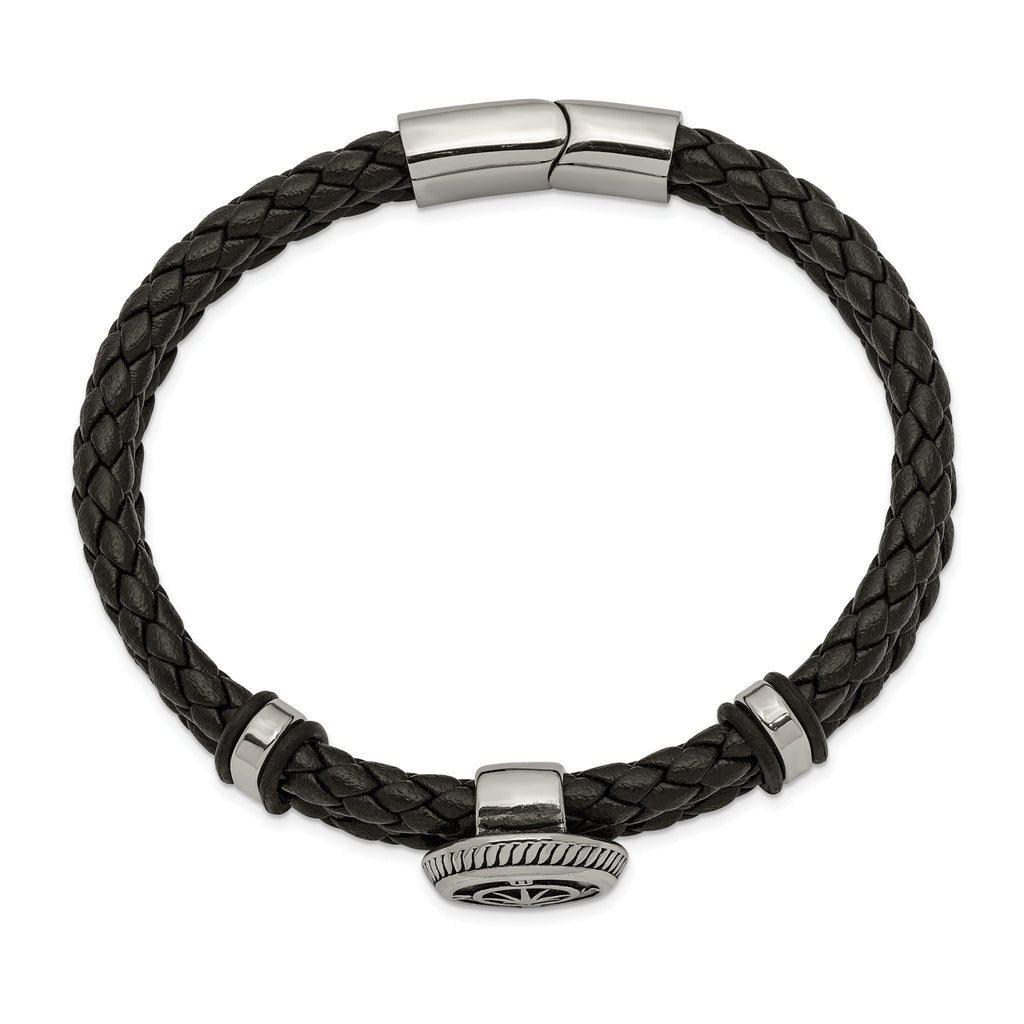 Stainless Steel Antiqued and Polished Compass Braided Black Leather Bracelet for Men