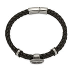 Stainless Steel Antiqued and Polished Compass Braided Black Leather Bracelet for Men