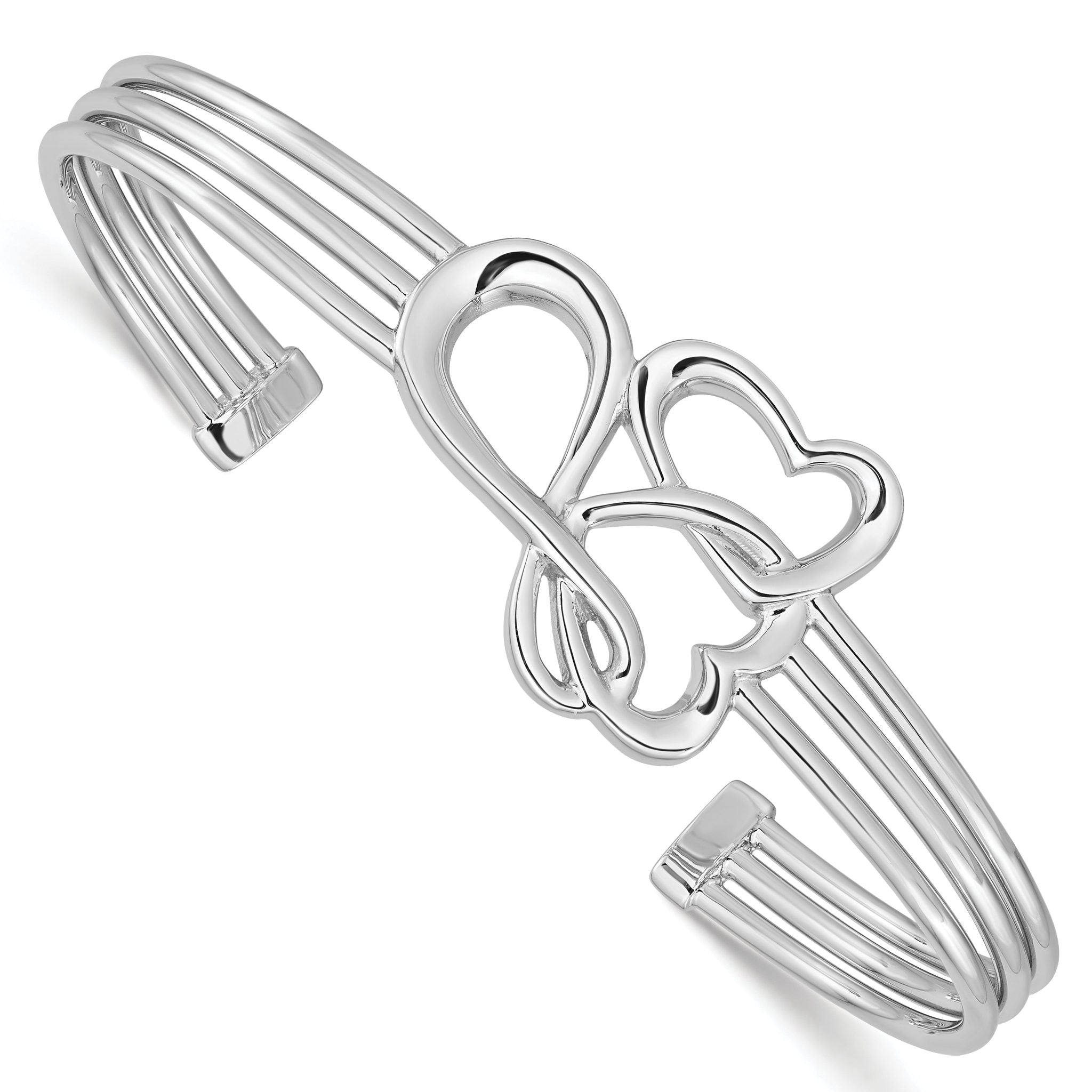 Sterling Silver 925 Infinity Heart Cuff Bangle with Polished Rhodium Plating