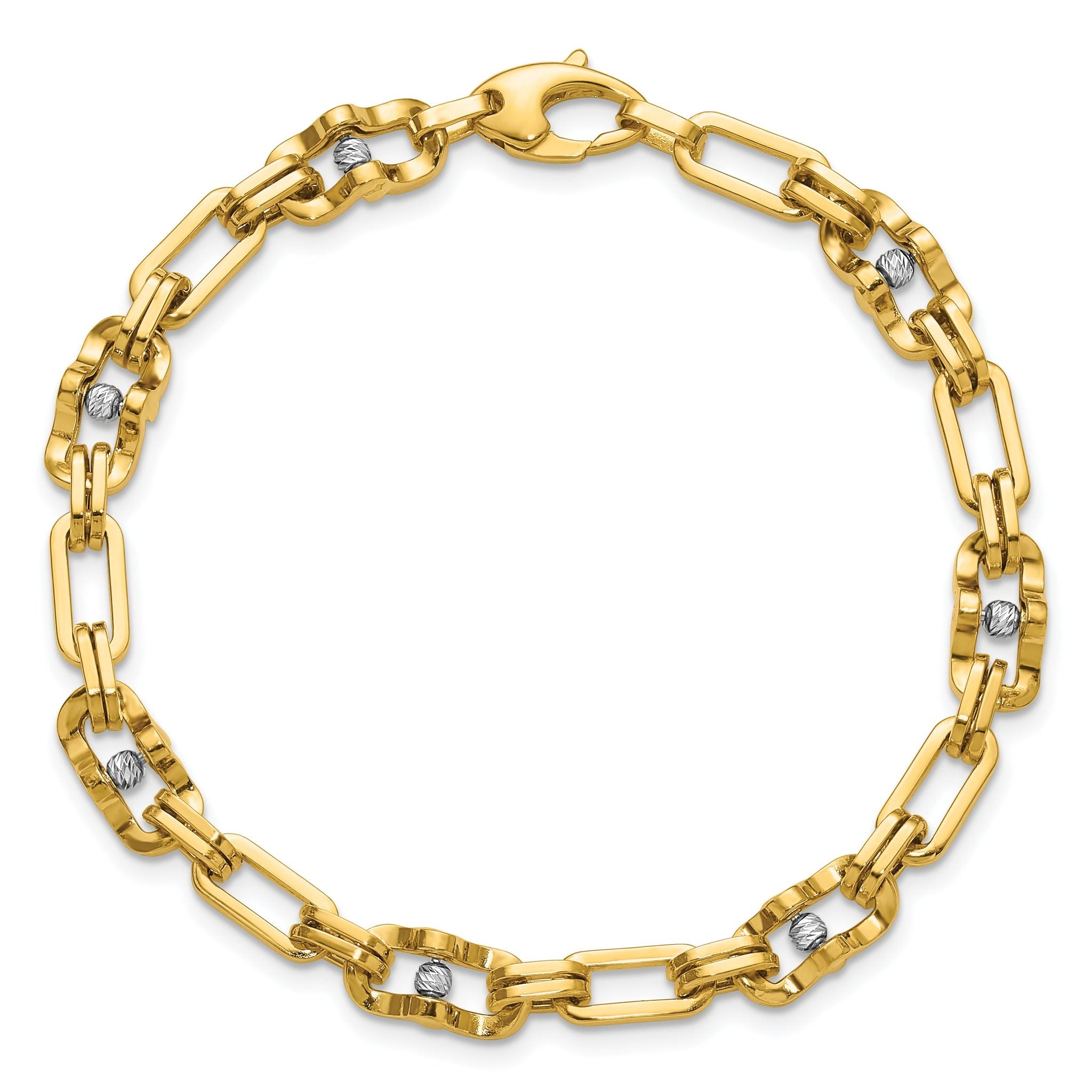 14K w/Wht RH Polished D/C Moveable Beaded Link Bracelet