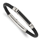 Stainless Steel Polished and Textured Black IP-plated Black Braided Leather Adjustable 7.5 and Bracelet