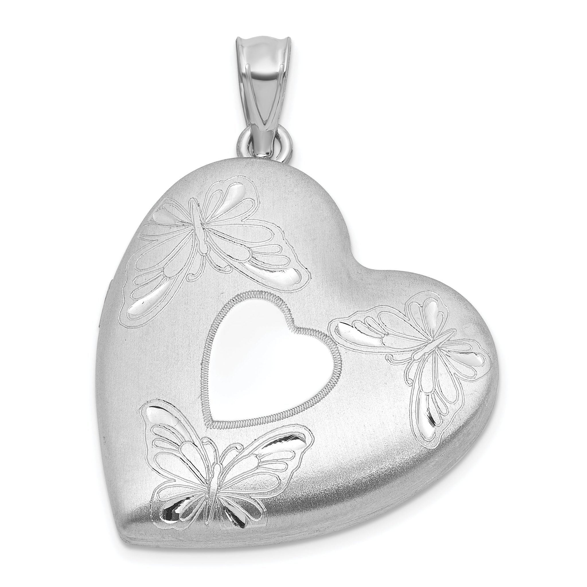 Sterling Silver Rhodium-plated Brushed Diamond-cut Butterflies 24mm Heart Locket Main image