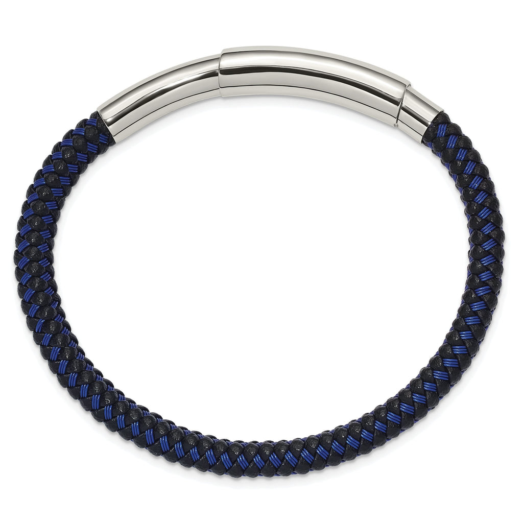 Stainless Steel Polished Blue Wire and Black Polyurethane Adjustable 7.75 to Bracelet for Men