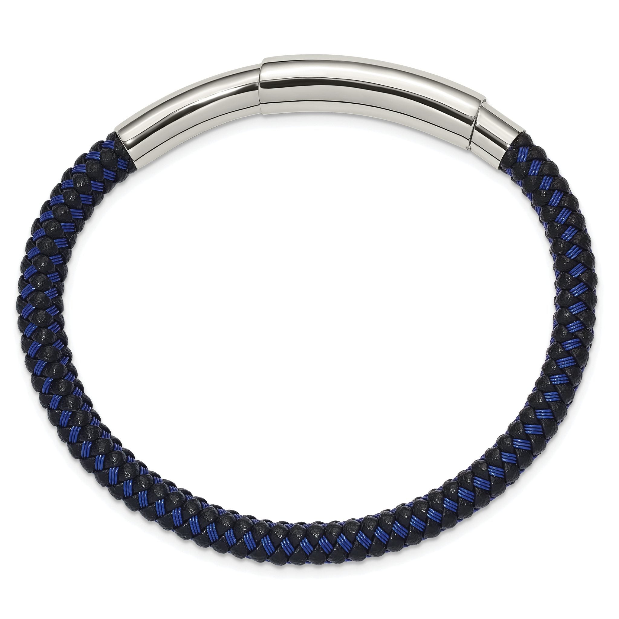 Stainless Steel Polished Blue Wire and Black Polyurethane Adjustable 7.75 to Bracelet for Men