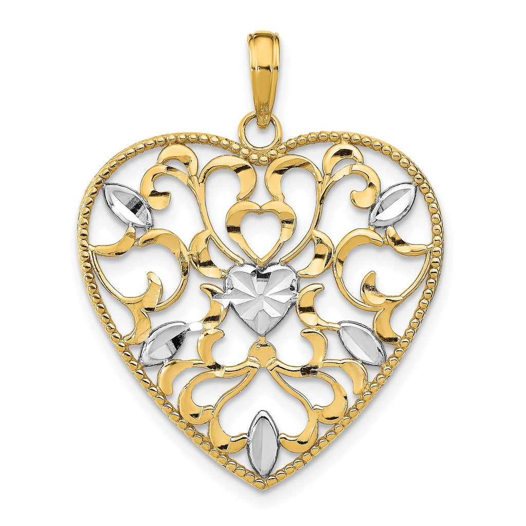 14K Yellow Gold With Rhodium Filigree Leaf Accent Heart Charm