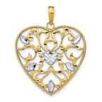 14K Yellow Gold With Rhodium Filigree Leaf Accent Heart Charm