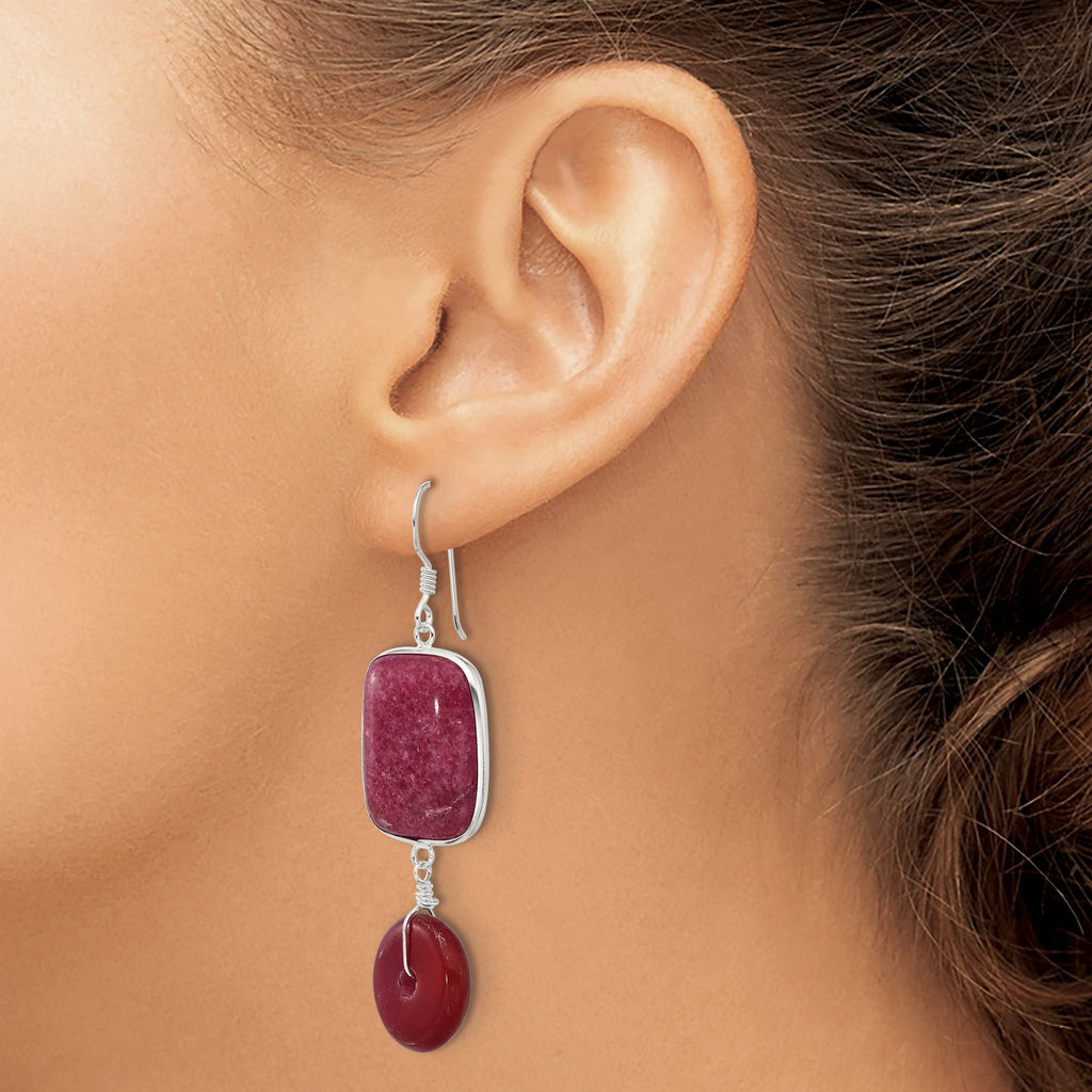 Sterling Silver Polished Carnelian and Red Jade Dangle Earrings