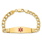 14K Medical Semi-Solid Chain/Solid Plate Soft Diamond Shape 40x12mm Centered Red Enamel Curb Link 8 inch ID Bracelet