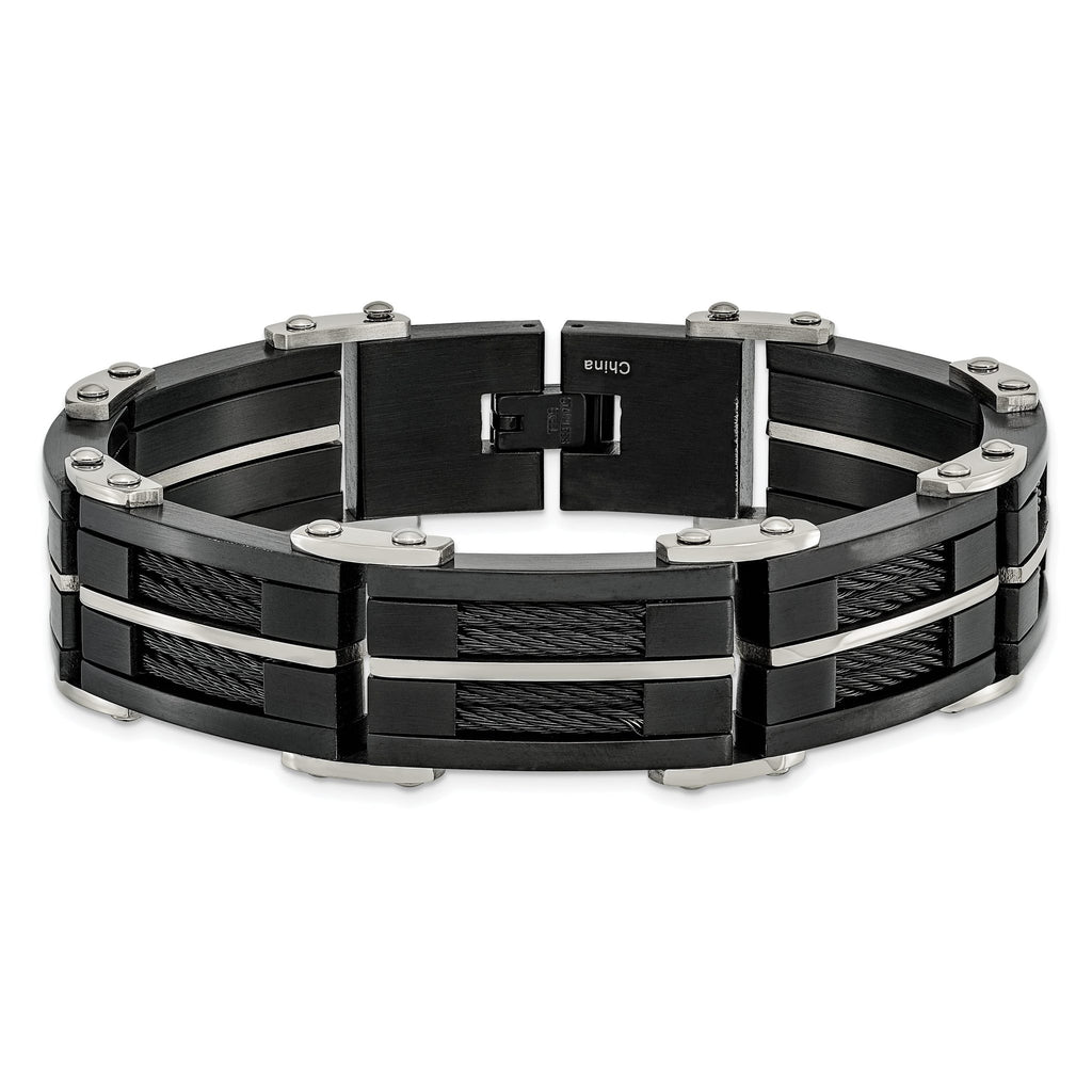 Stainless Steel Brushed and Polished Black IP-plated with Cable Inlay Link Bracelet for Men